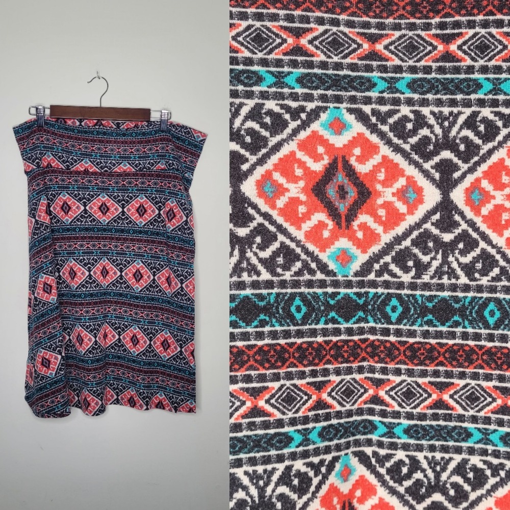 LuLaRoe Sz 2XL Coral Blue Black Tribal Azure Stretchy A Line Knee Length Skirt
